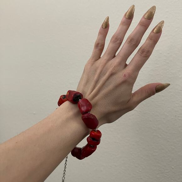 Vintage Y2K Chunky Natural Red Coral Bracelet Silver Tone Chain Pearl Adjustable - Picture 3 of 16